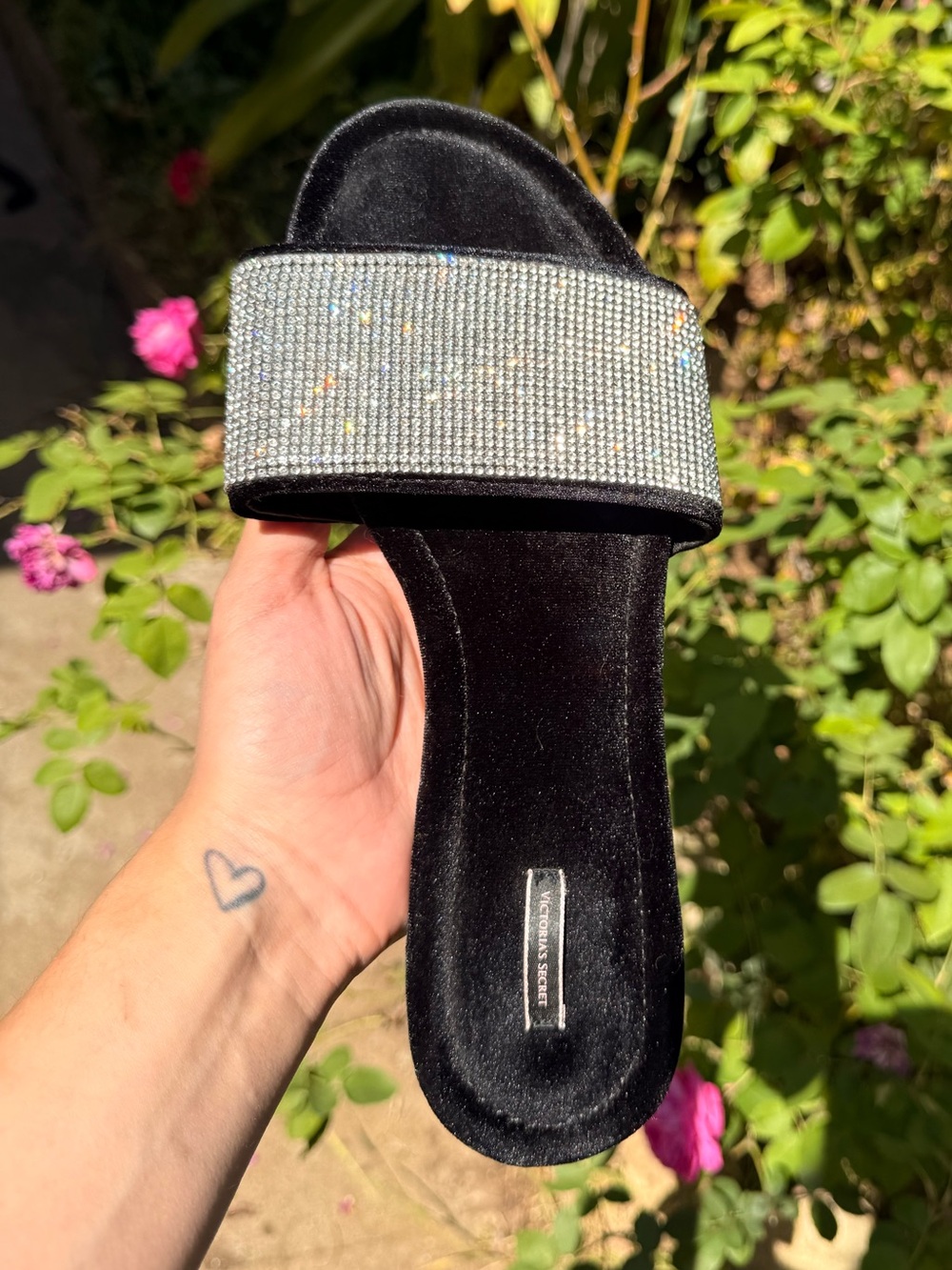 Black Rhinestone Slide Sandals with Velvet Soles